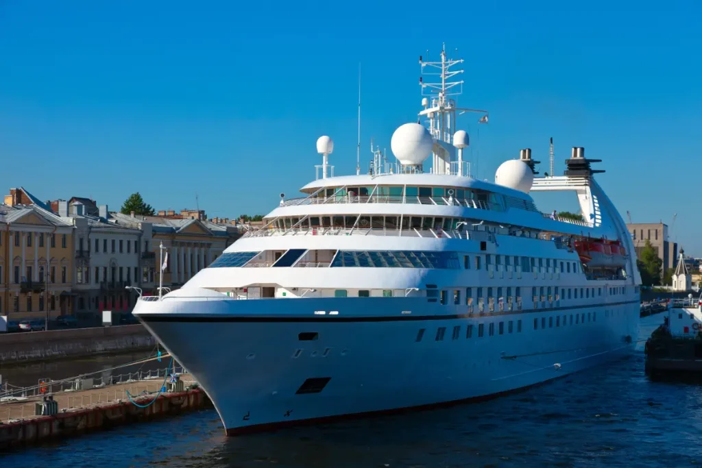 Cruise liner docked at port possibly to shield from Norovirus